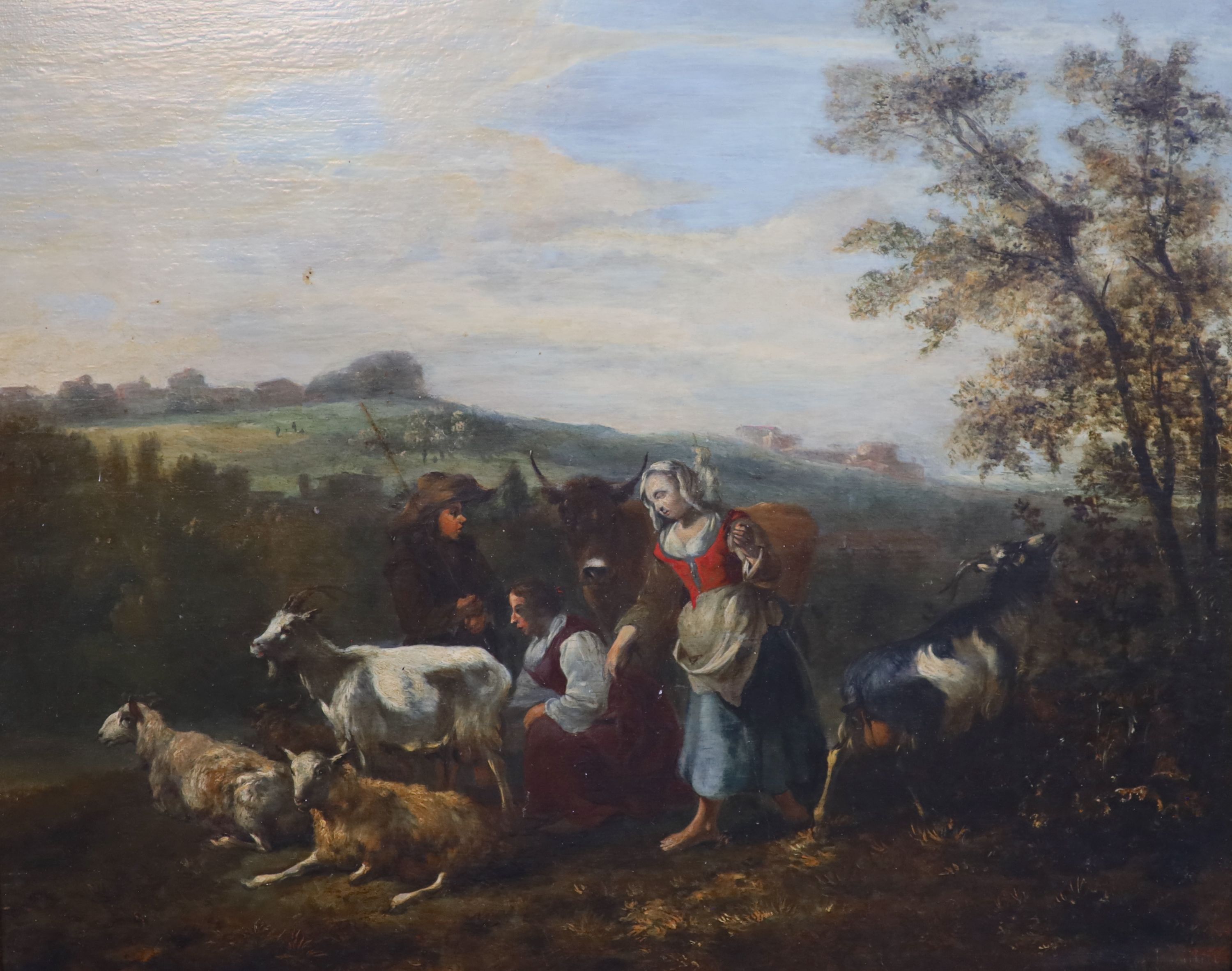 Late 18th century Flemish School, Shepherdess in a landscape